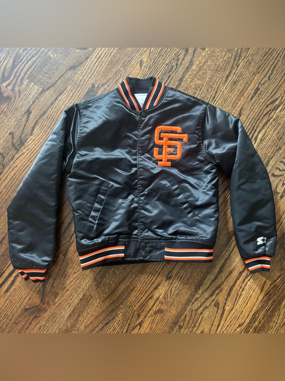 Vintage San Francisco Giants Starter Black Satin Baseball Jacket Size Youth Med
